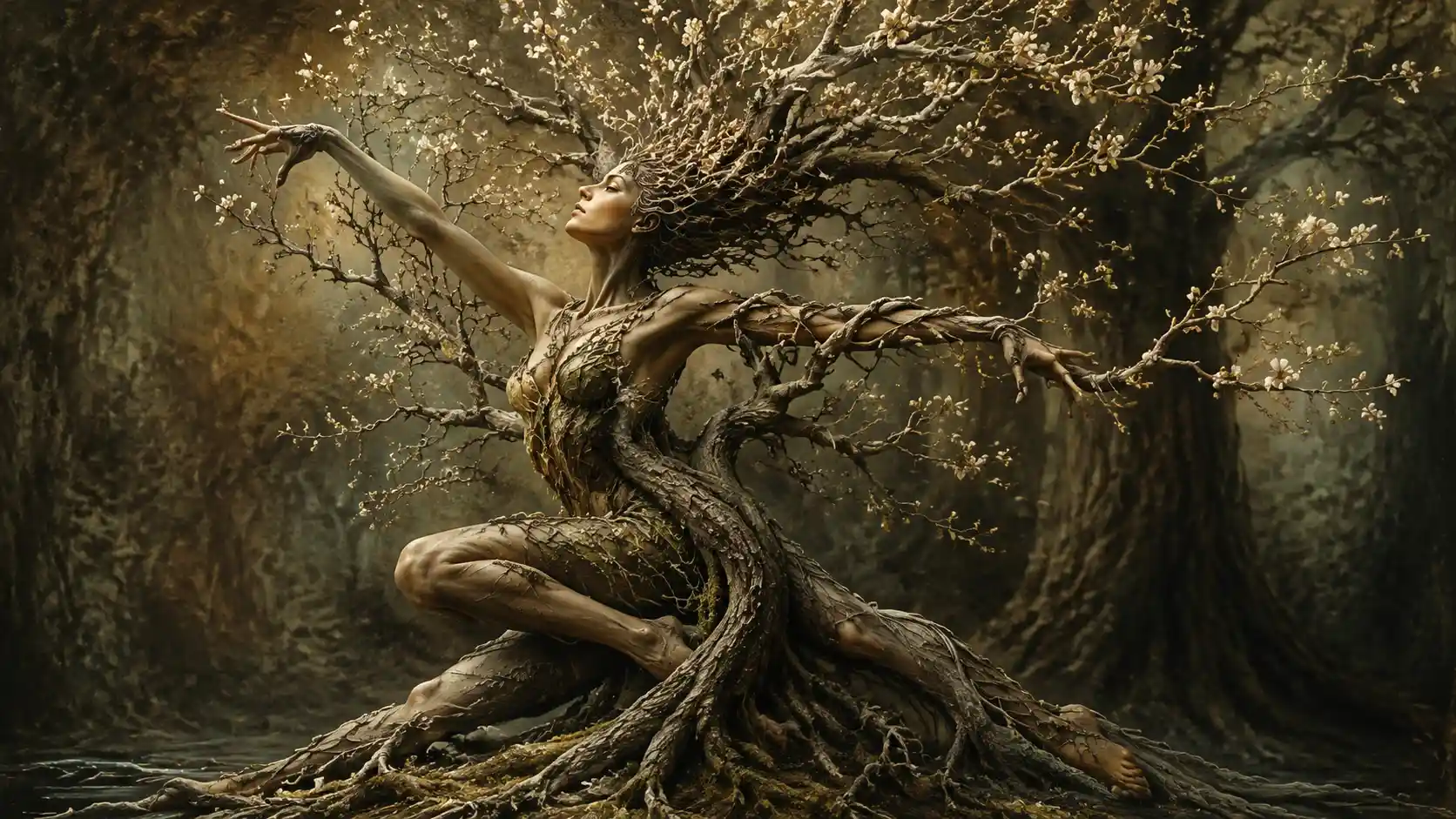 Bailarina surreal fundida com uma árvore antiga na floresta
