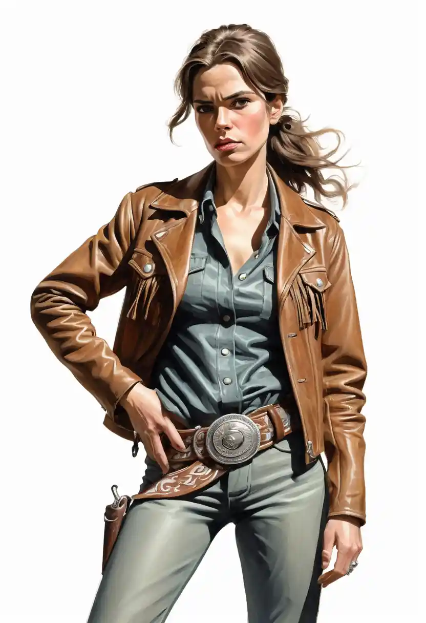 Strenge Cowgirl-Frau in Fransenjacke vor weißem Hintergrund