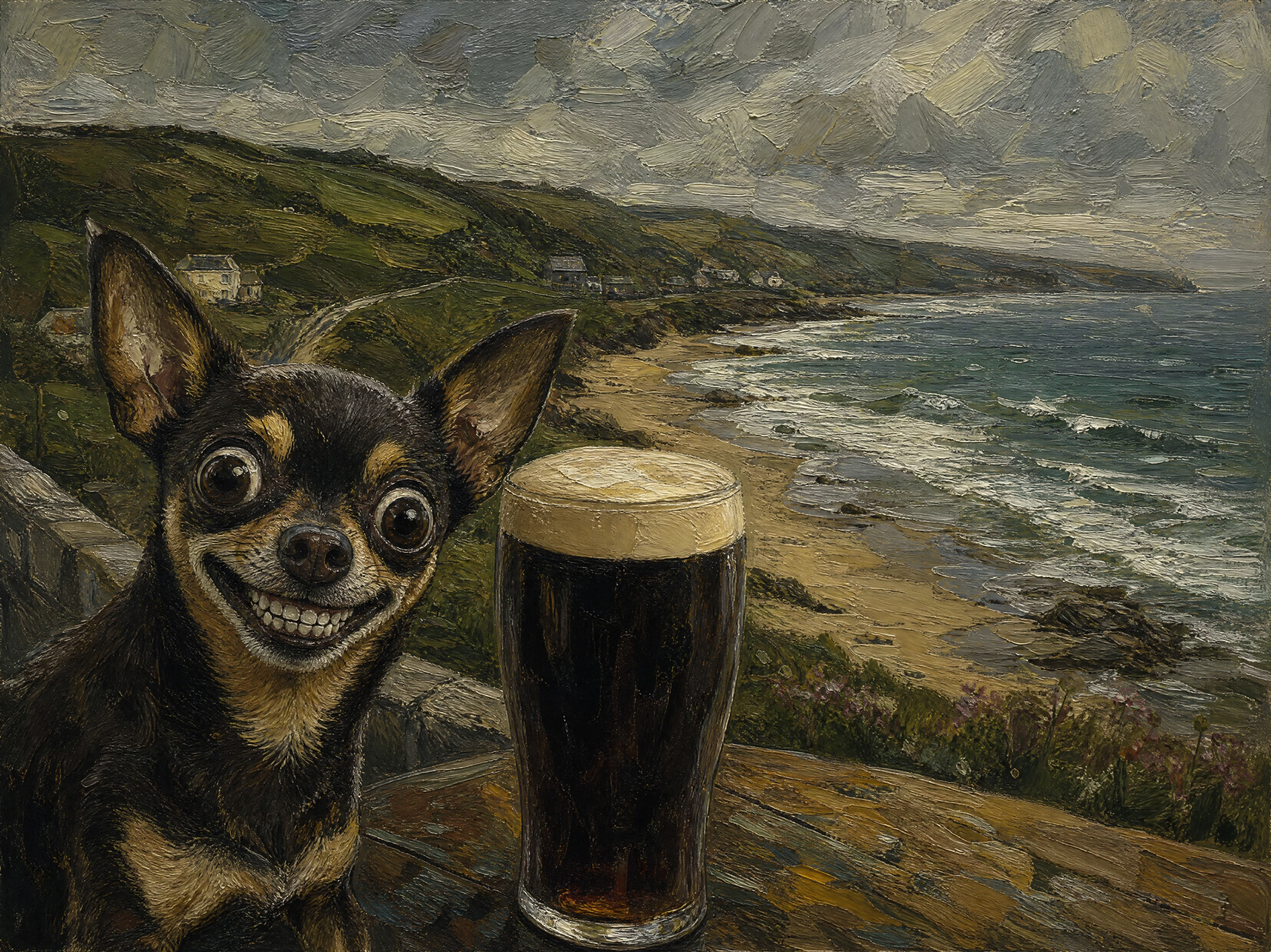 Cachorro expressionista com cerveja à beira-mar