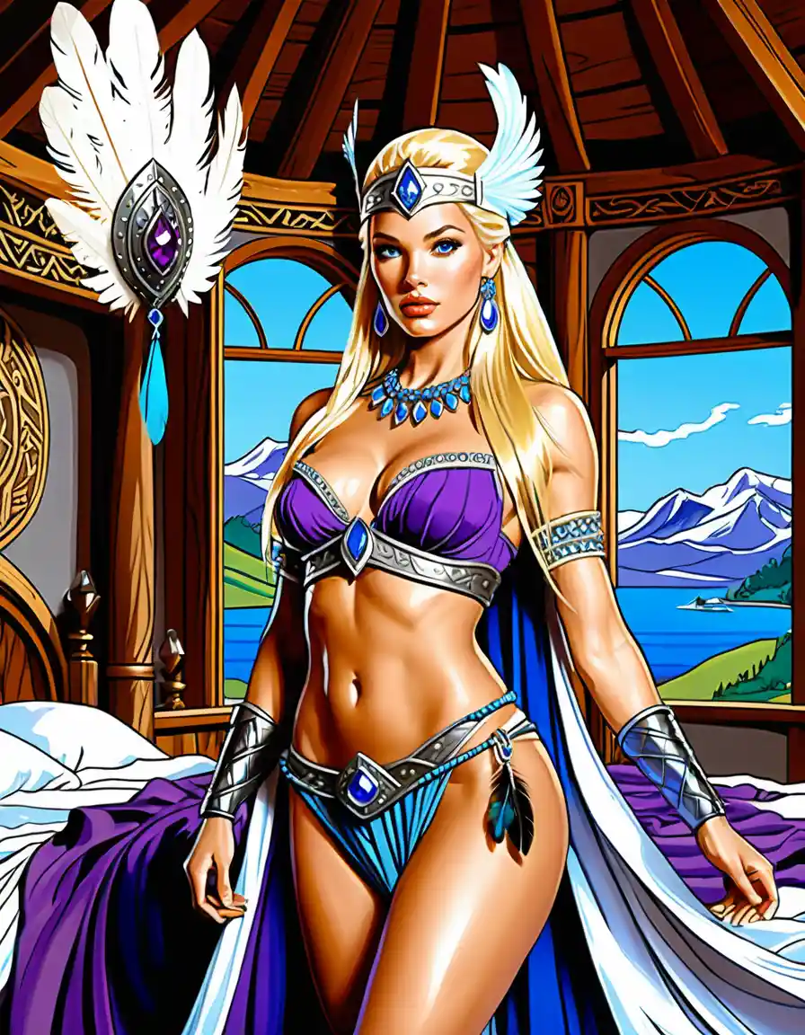 Feiticeira guerreira nórdica loira em um boudoir de salão viking
