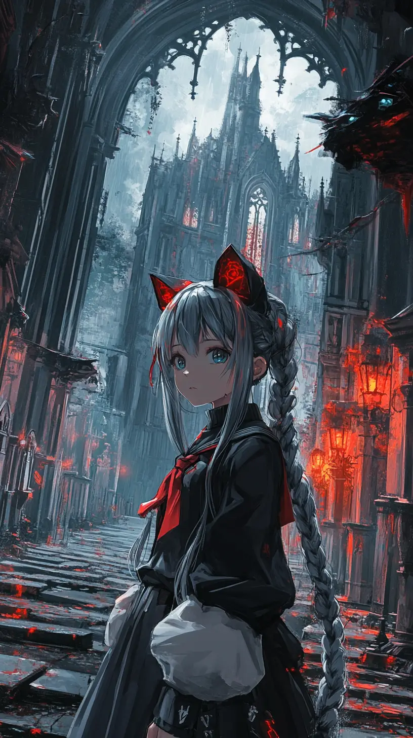 Altes säulengeschmücktes Gebäude am Friedhof im regnerischen Anime-Dunkel