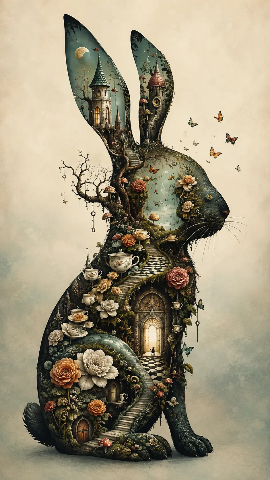Silhueta Surreal de Coelho Preenchida com Paisagem Fantástica Impossível