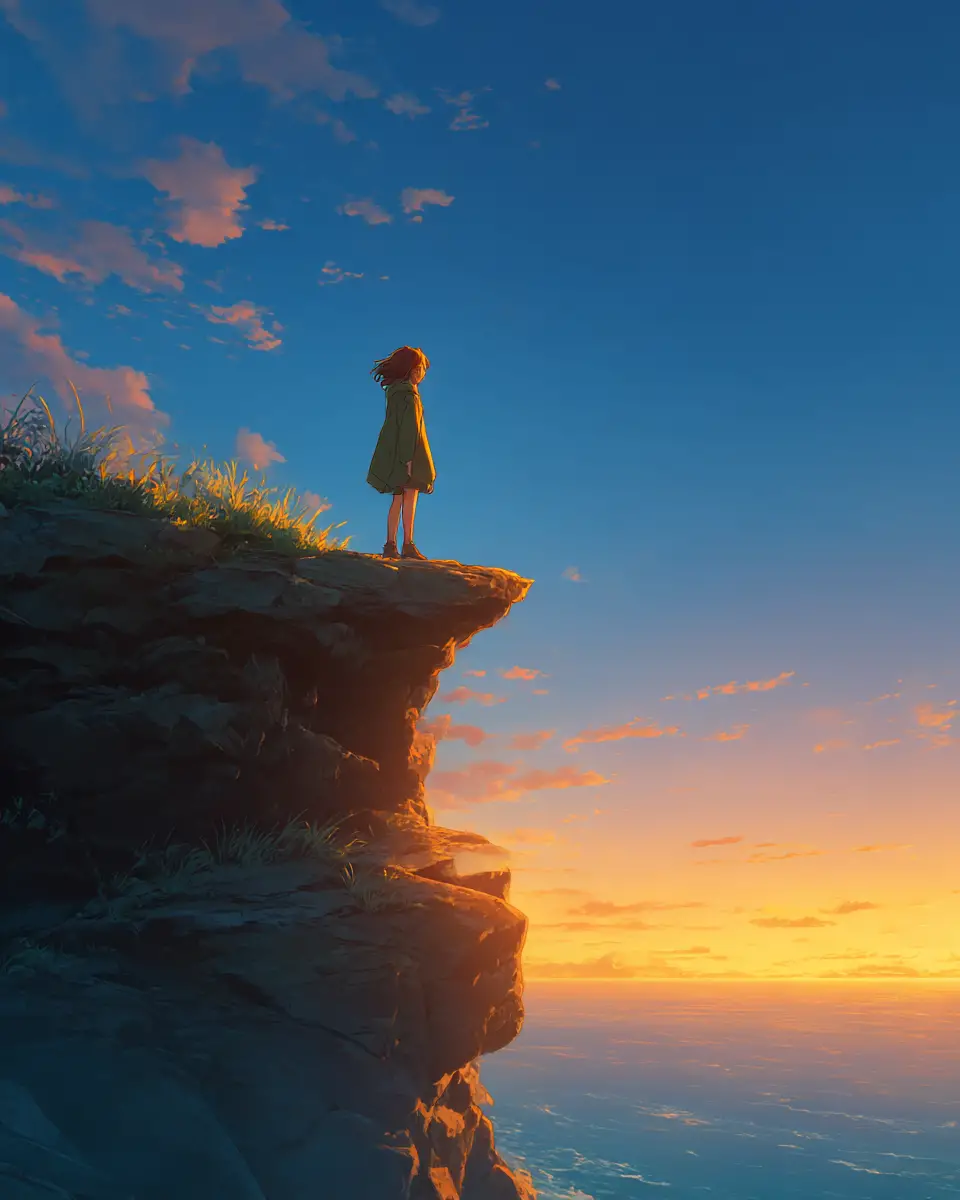 Viaggiatore anime all'alba sul bordo di una scogliera silenziosa