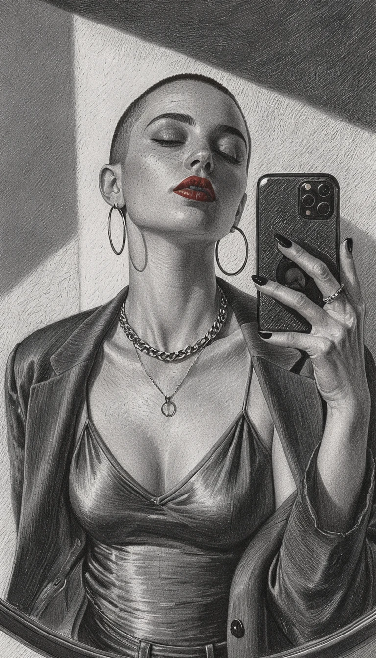 Portrait en graphite d’une femme prenant un selfie dans un miroir