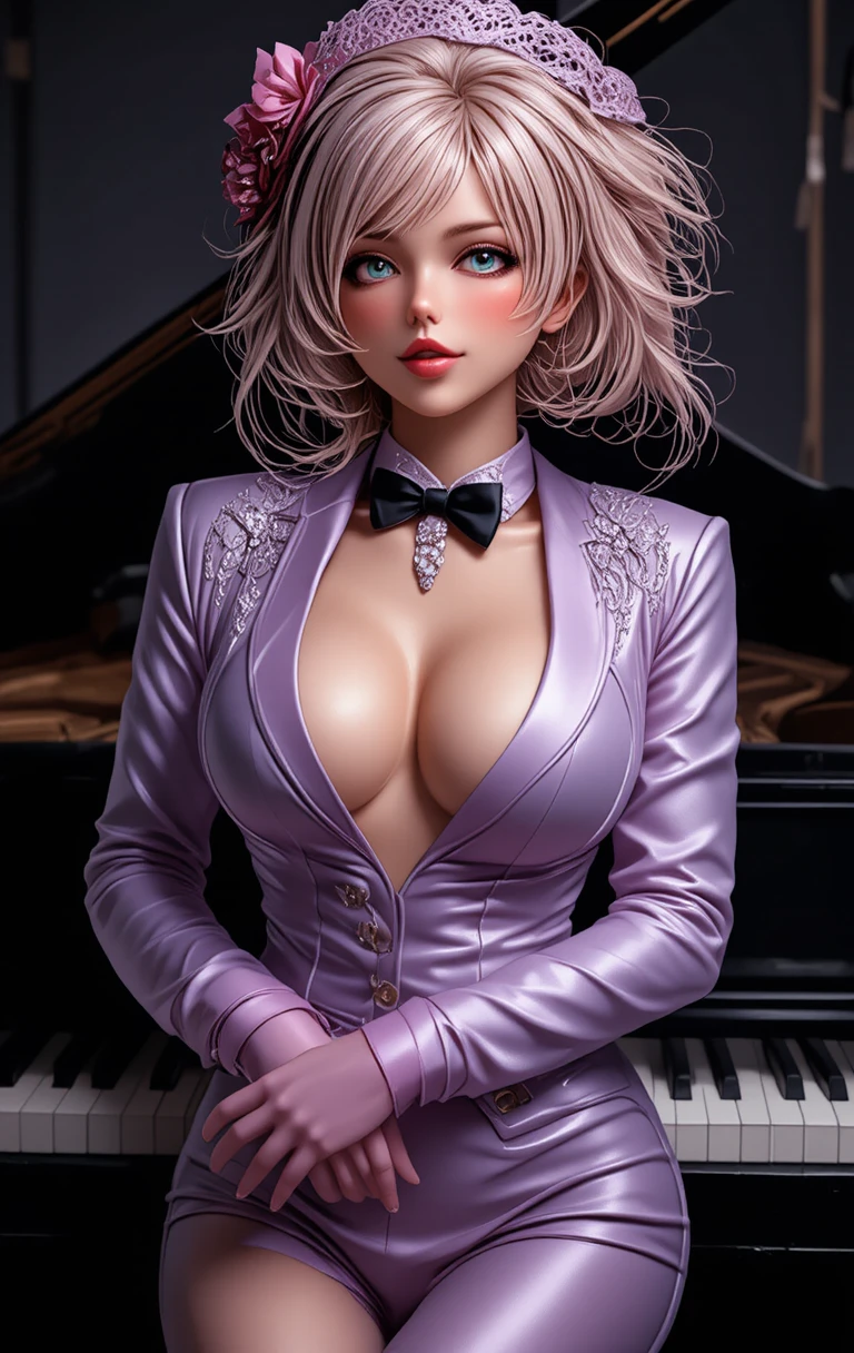 Mulher de cabelo rosa entrelaçada com teclas de piano em preto e branco