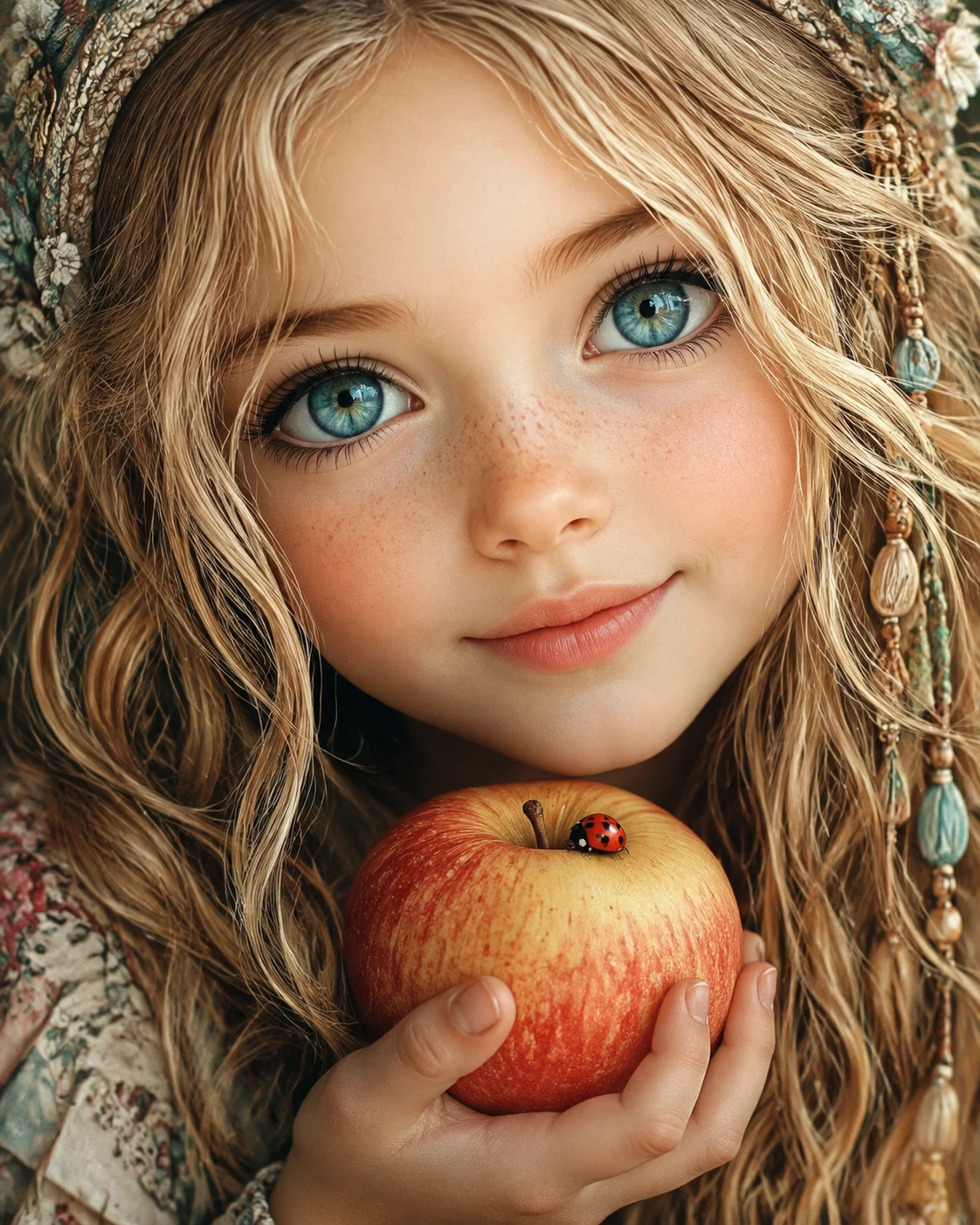 Retrato de garota boho com olhos azul-aquamarine e joaninha na maçã