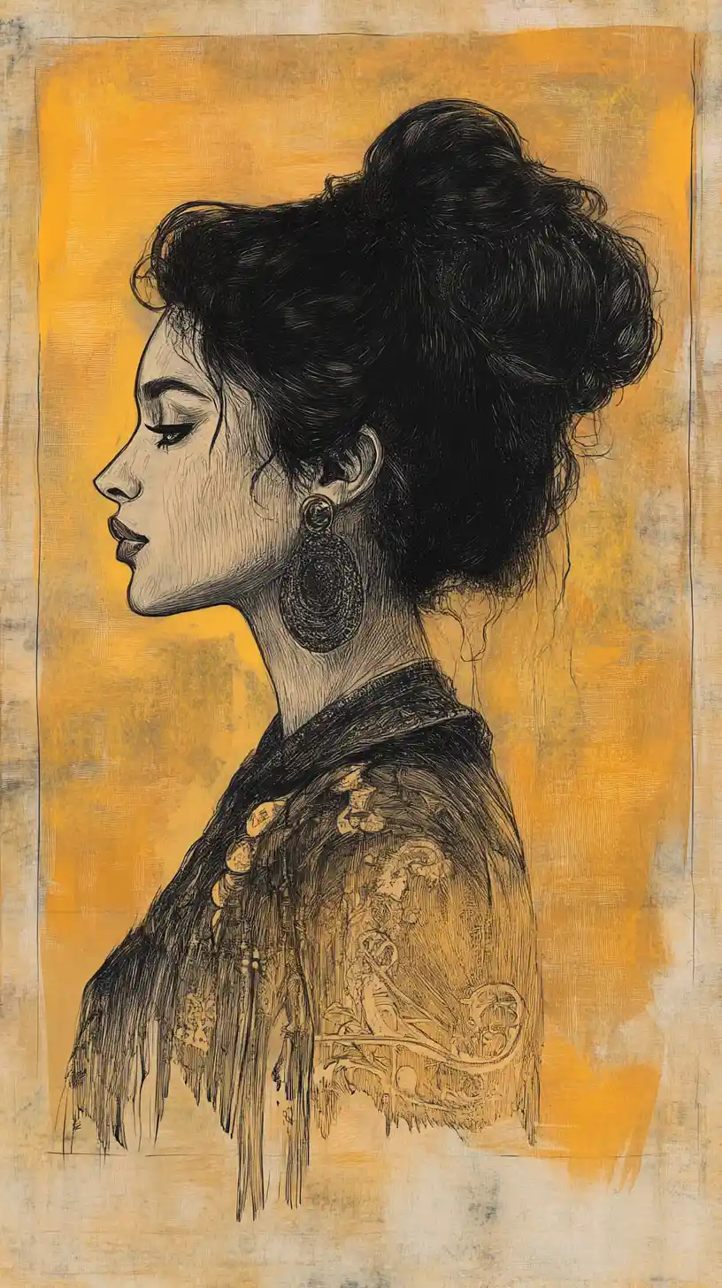 Charcoal profile portrait of a black woman with sculptural hair
