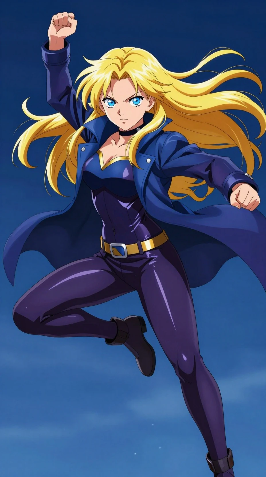 Heroína de anime em um poderoso agachamento com salto