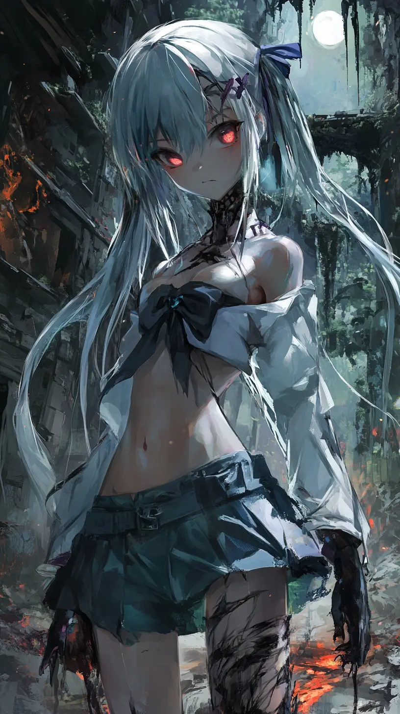 Anime girl in tattered clothes with ghostly smile and braids