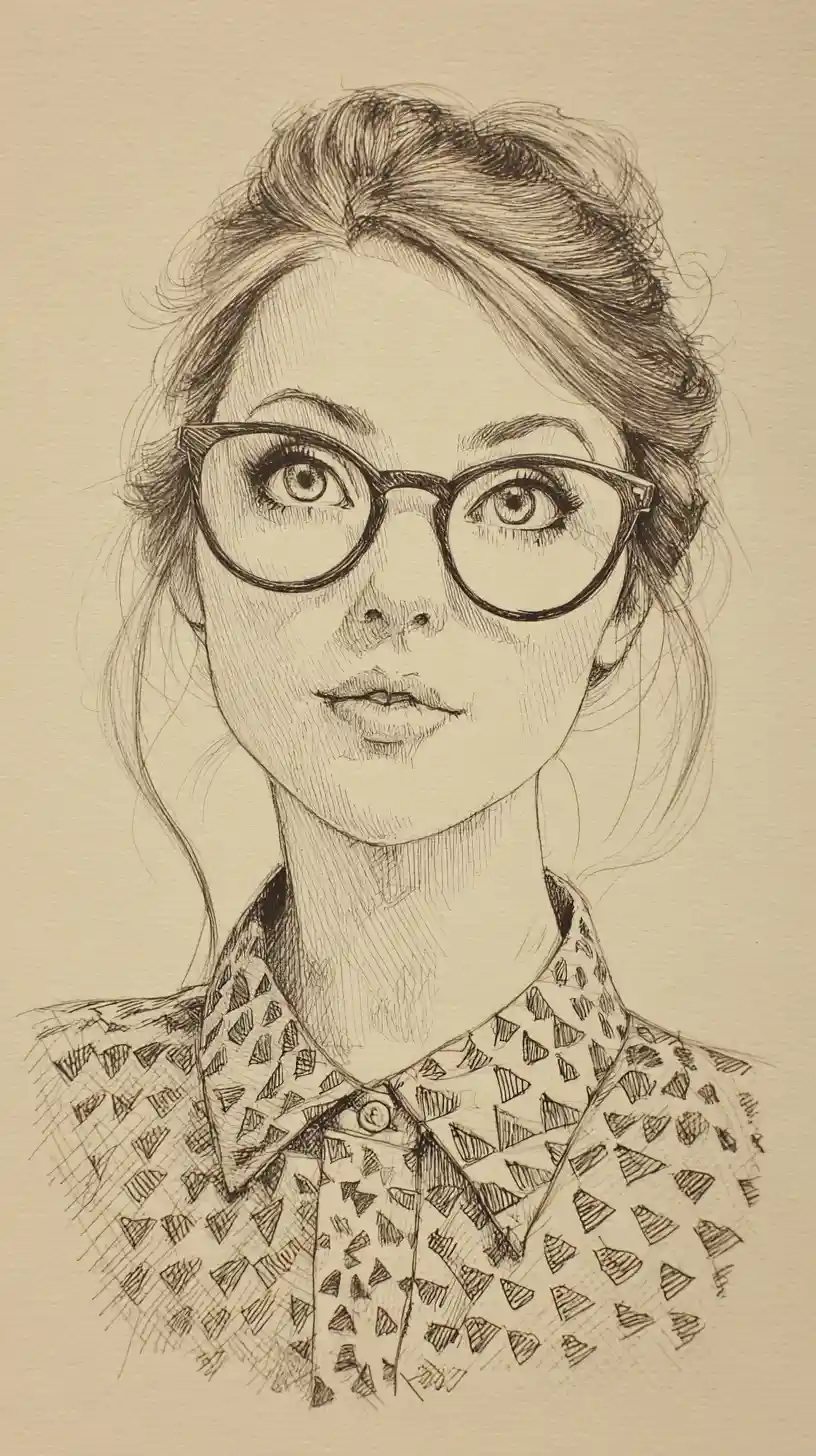 Retrato estilizado a grafito de una chica con gafas redondas extragrandes