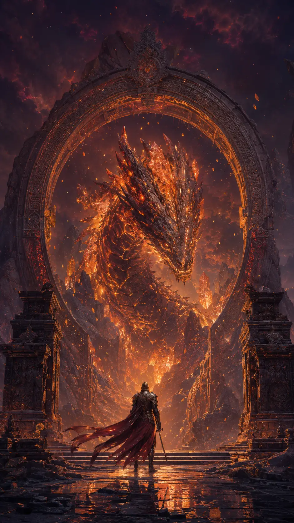 Guardião blindado enfrenta dragão colossal além do portal da montanha