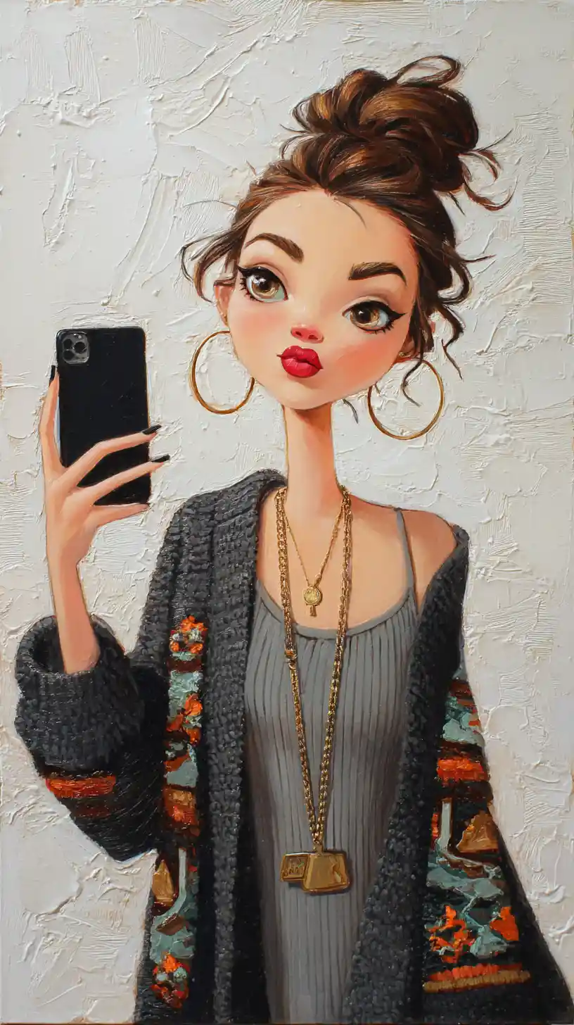 Pop surreal woman taking a selfie with large expressive eyes