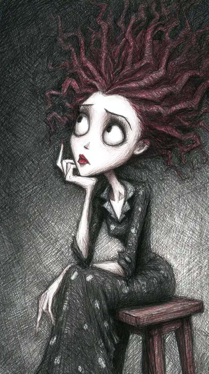 Melancholic charcoal woman on wooden stool in side light