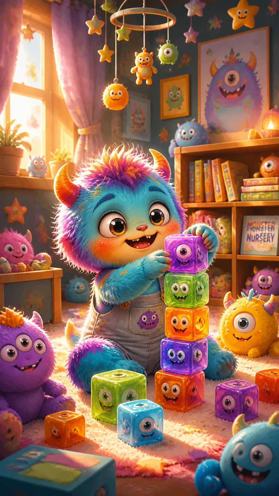 Cute baby monster playing in a colorful fantasy nursery