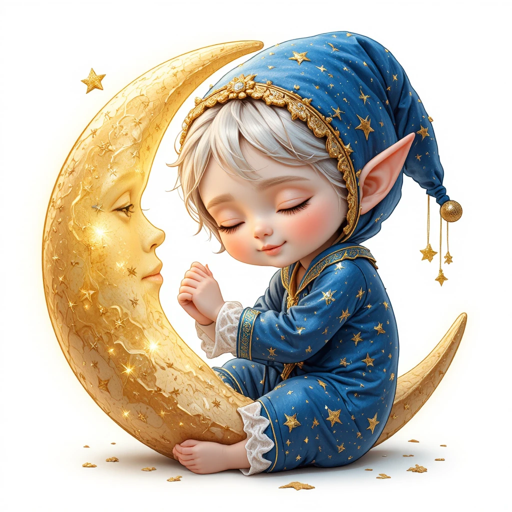 Cute sleeping elf hugging a smiling golden moon