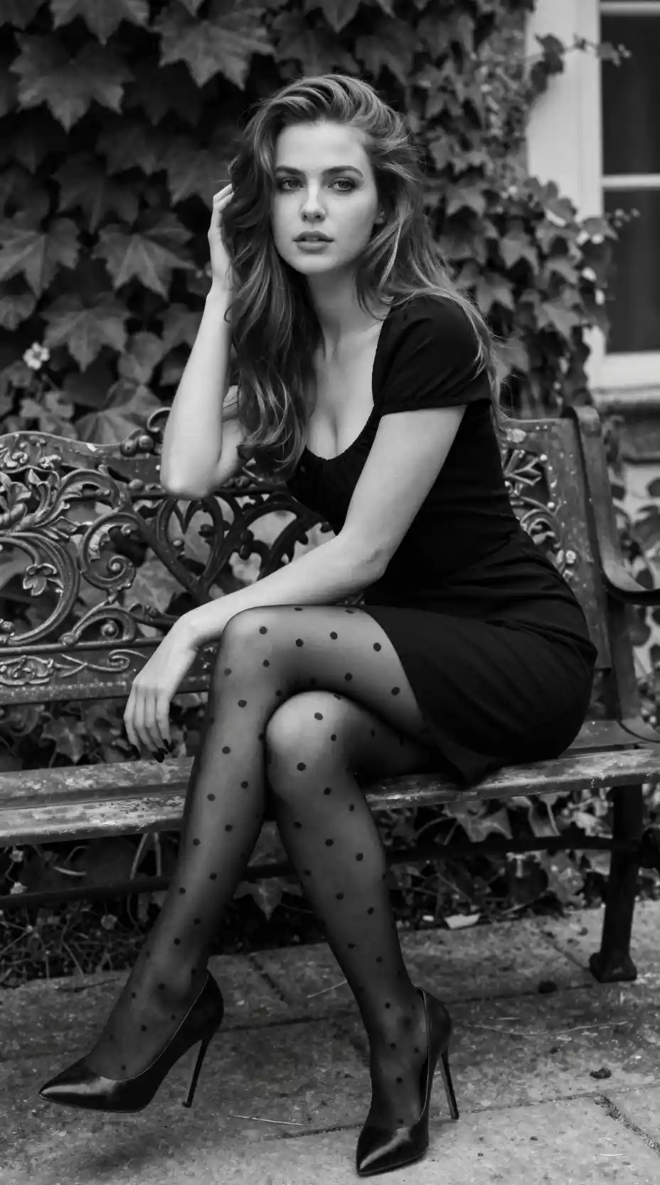 Elegant black and white portrait of a young woman in garden