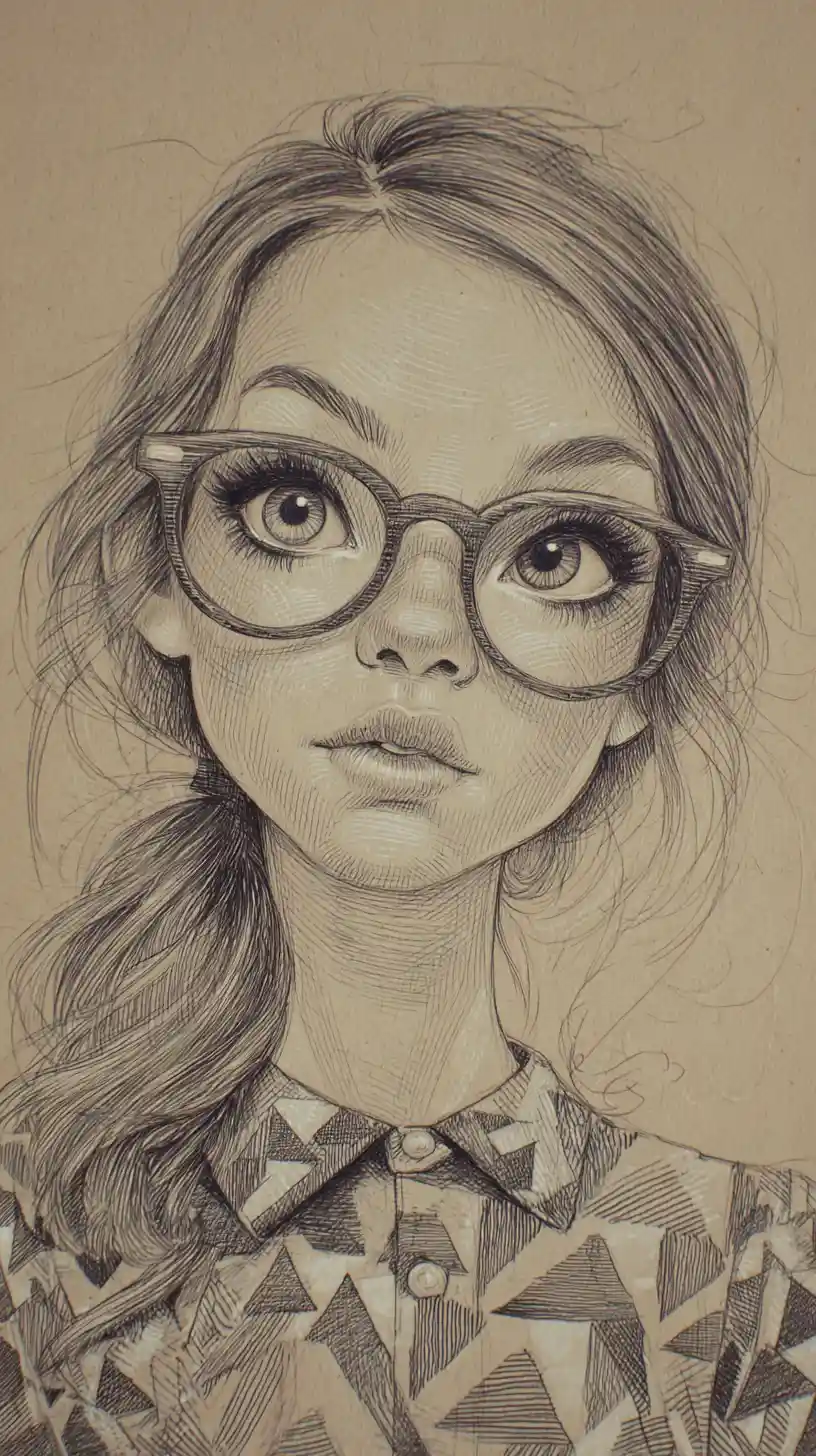 Stylized graphite portrait of a freckled girl with round glasses