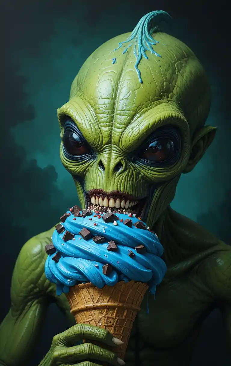 Alien vert mordant une glace bleue en gros plan
