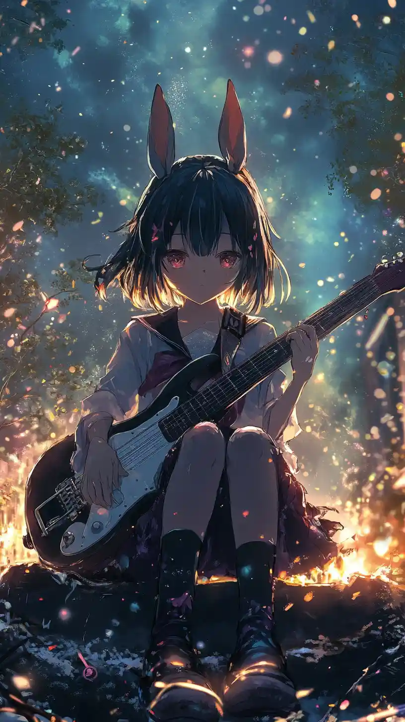ビーチの焚き火のそばでギターを弾くアニメ少女