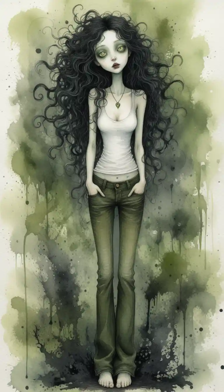 Gothic full body portrait of a pale green eyed woman