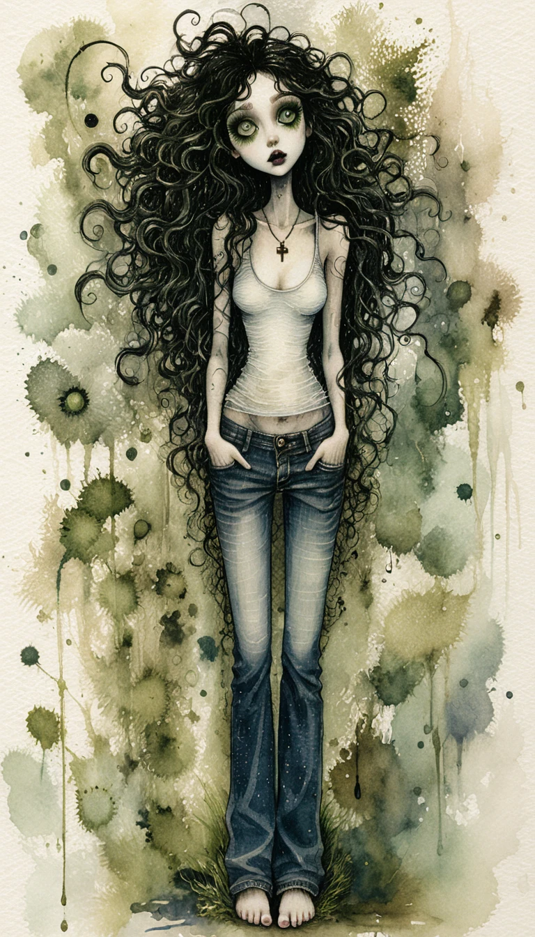 Portrait gothique en pied d’une femme pâle aux cheveux sauvages