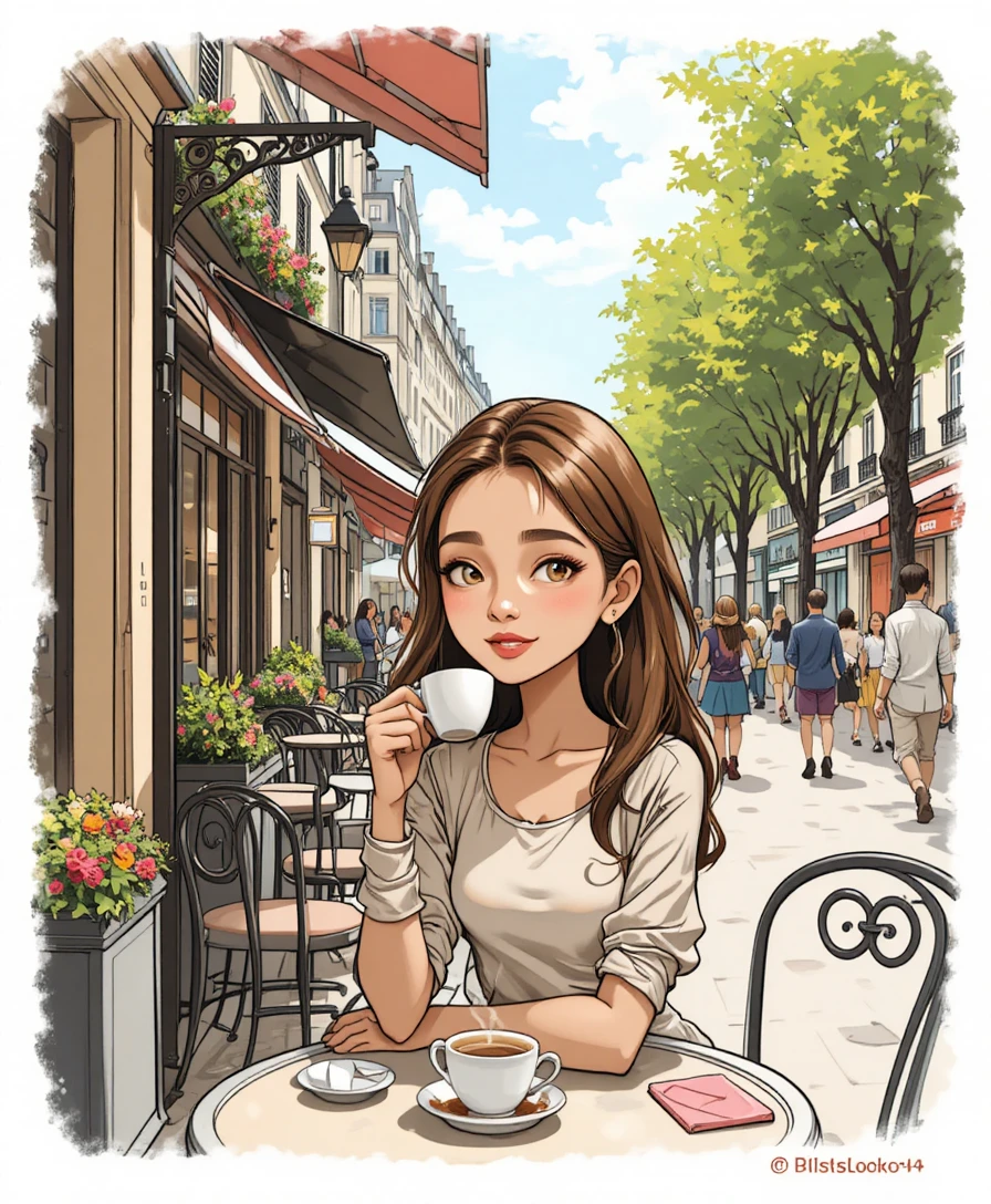Young woman sipping coffee at a Paris street cafe