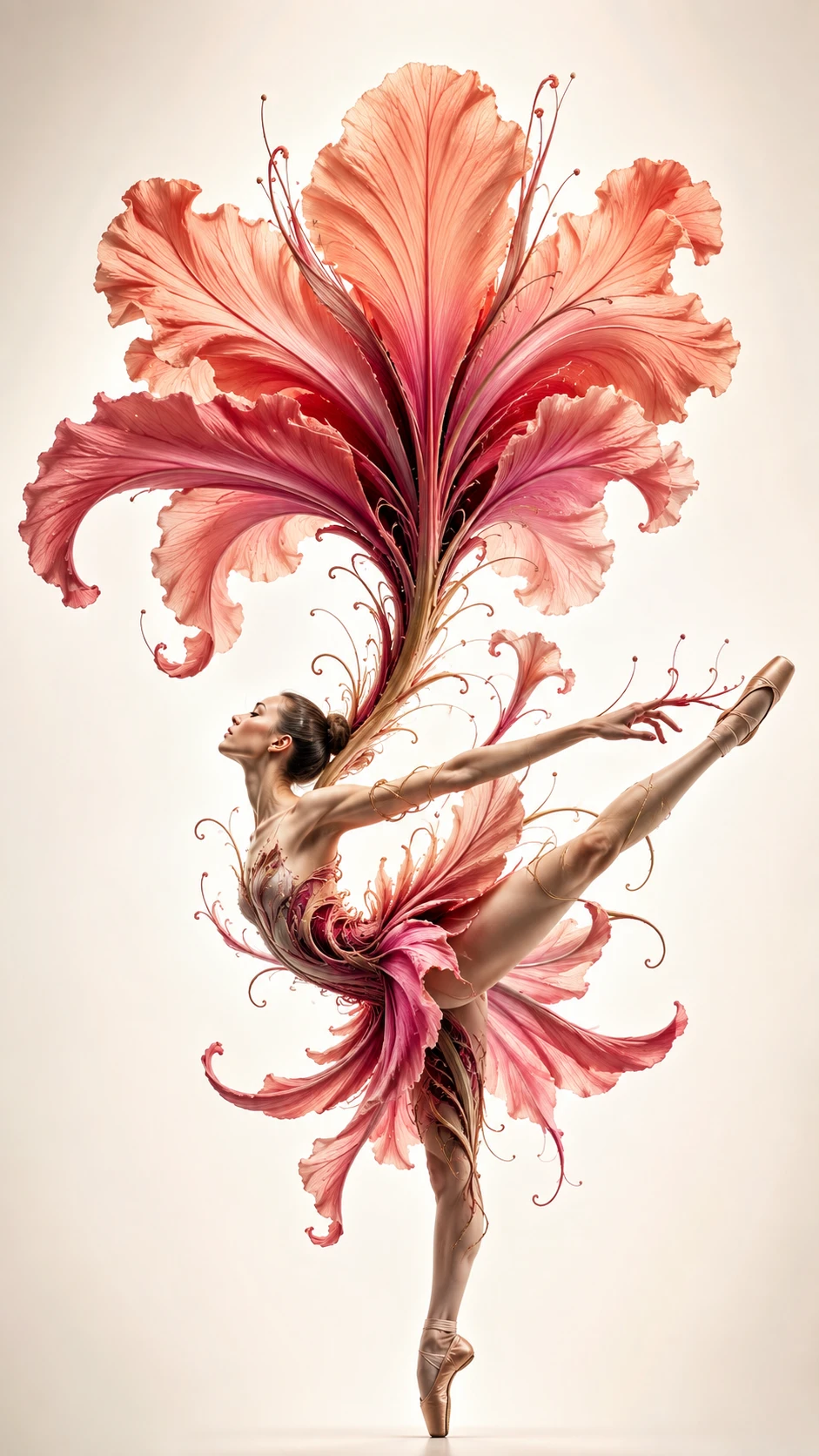 Bailarina surreal fusionada con una columna vertebral botánica en flor