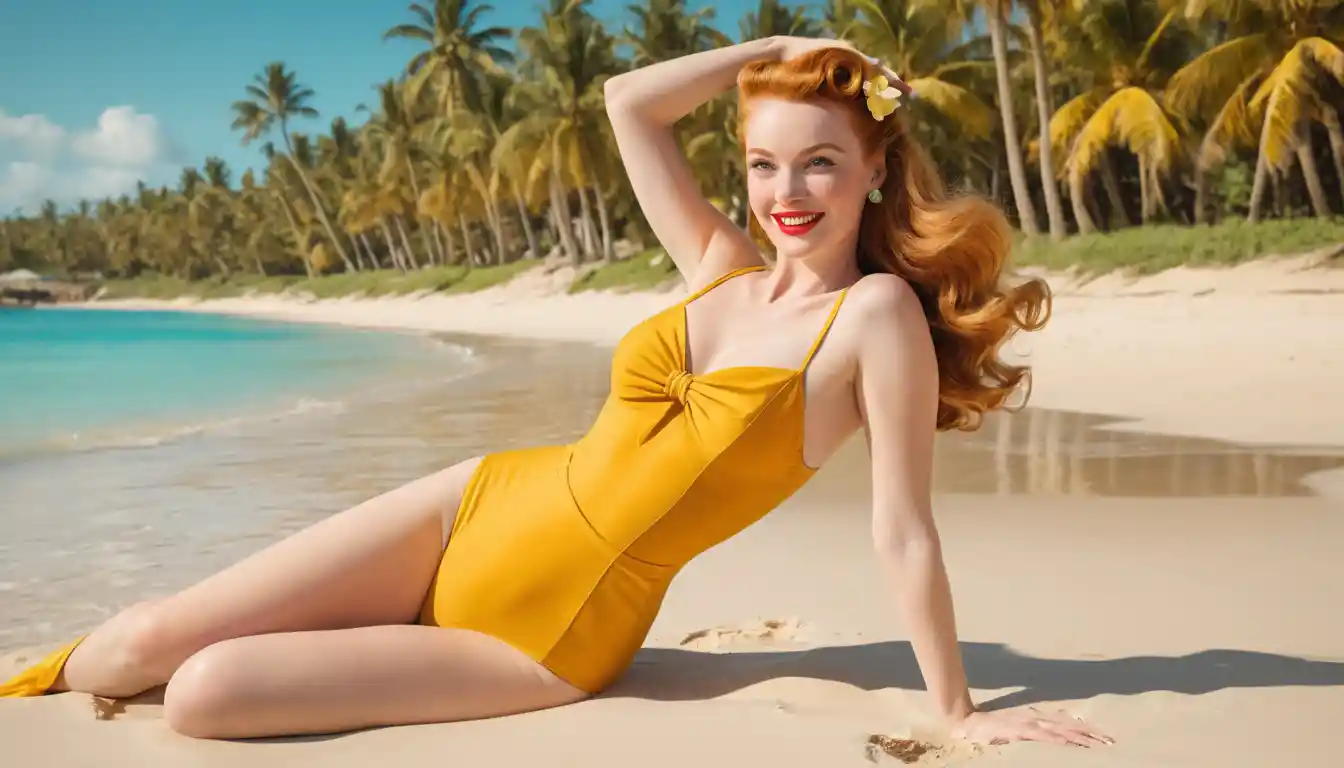 Mujer pin up vintage relajándose en una soleada playa tropical