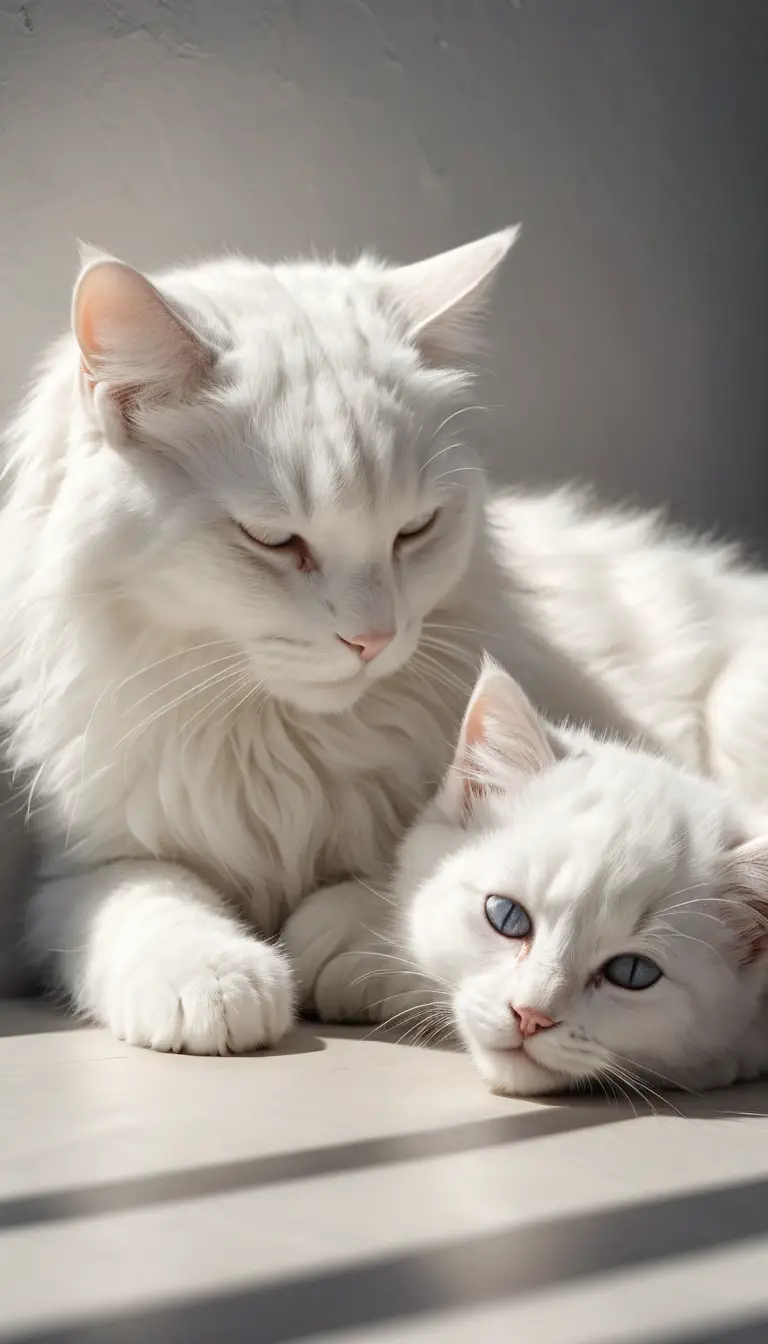 Grande mural de gato branco vigiando um gatinho dormindo