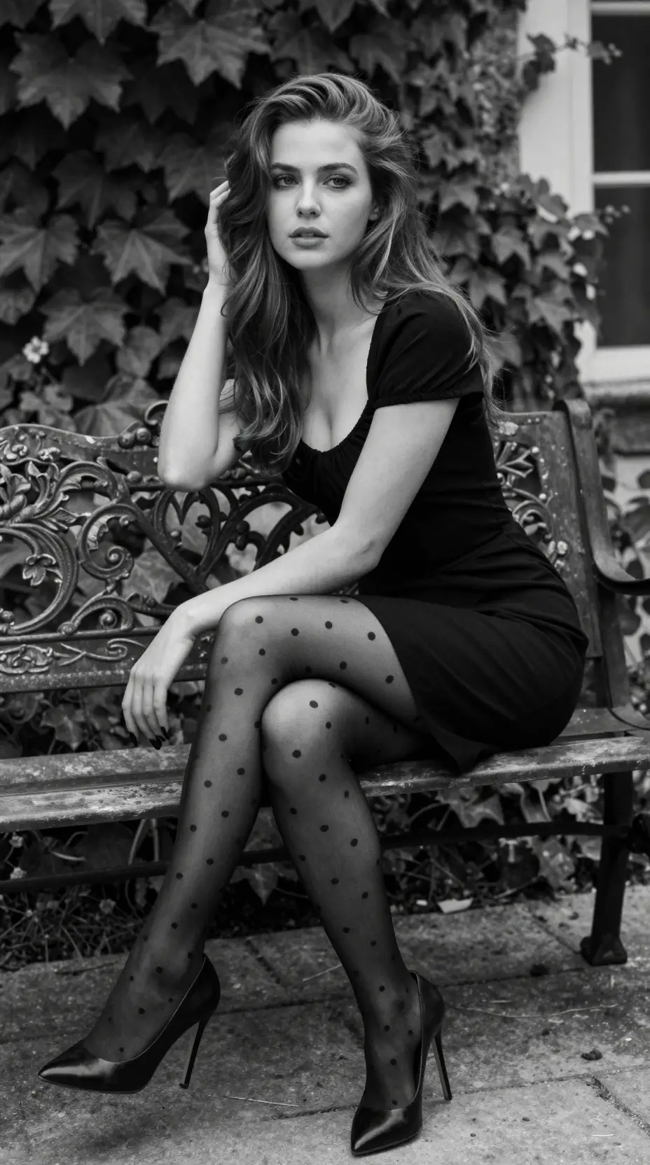 Elegant black and white portrait of a young woman in garden