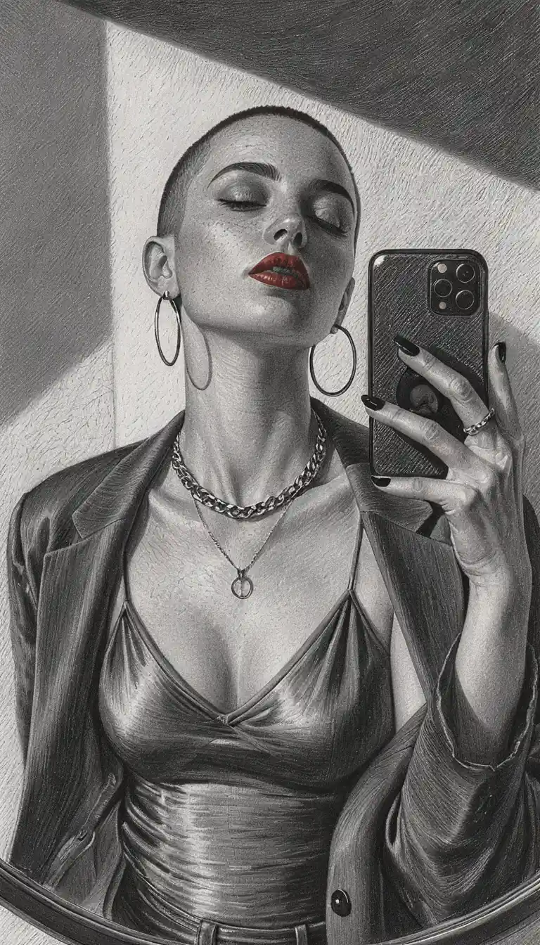 Portrait en graphite d’une femme prenant un selfie dans un miroir