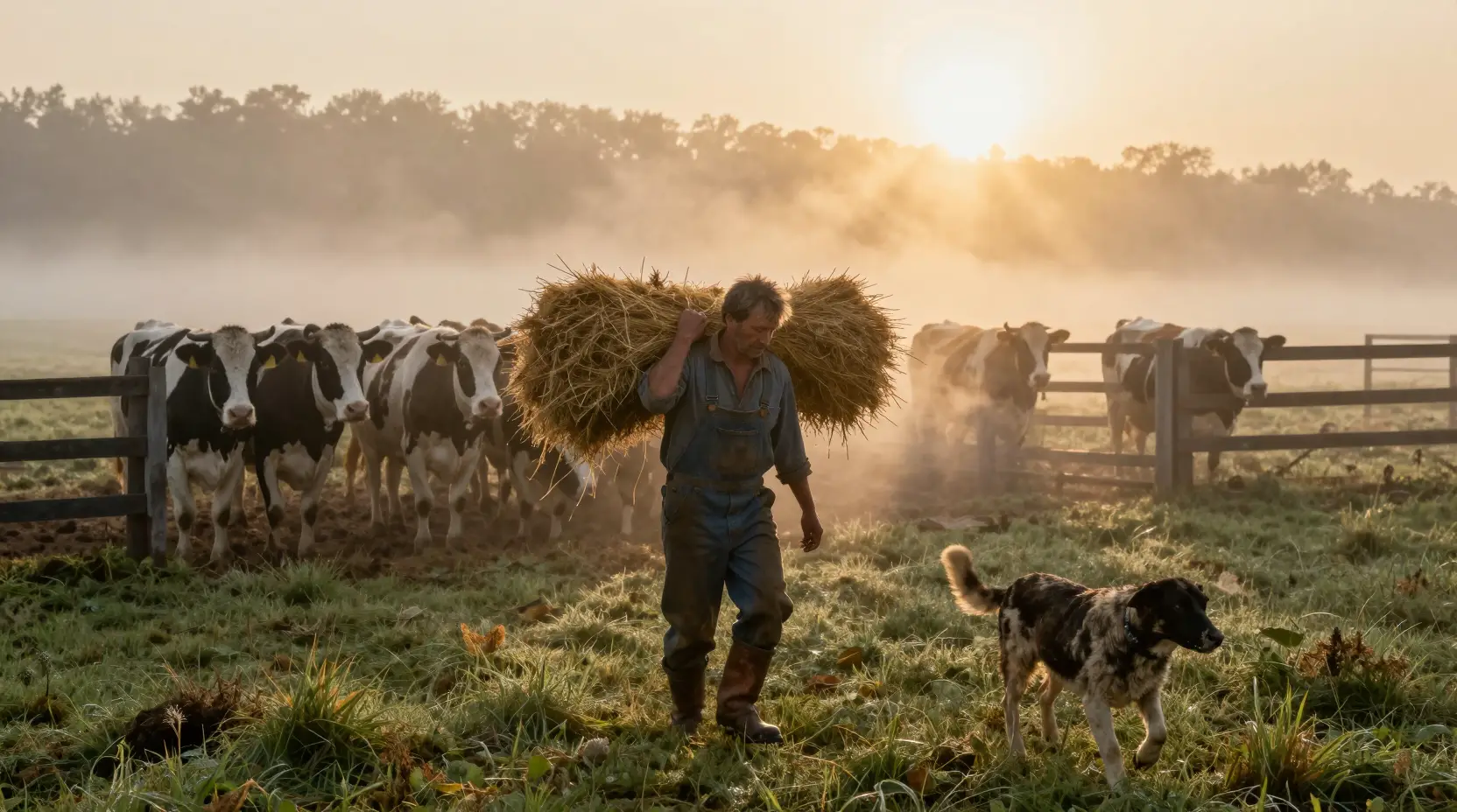 Farmer Carrying Hay To Dairy Cows At Misty Sunrise