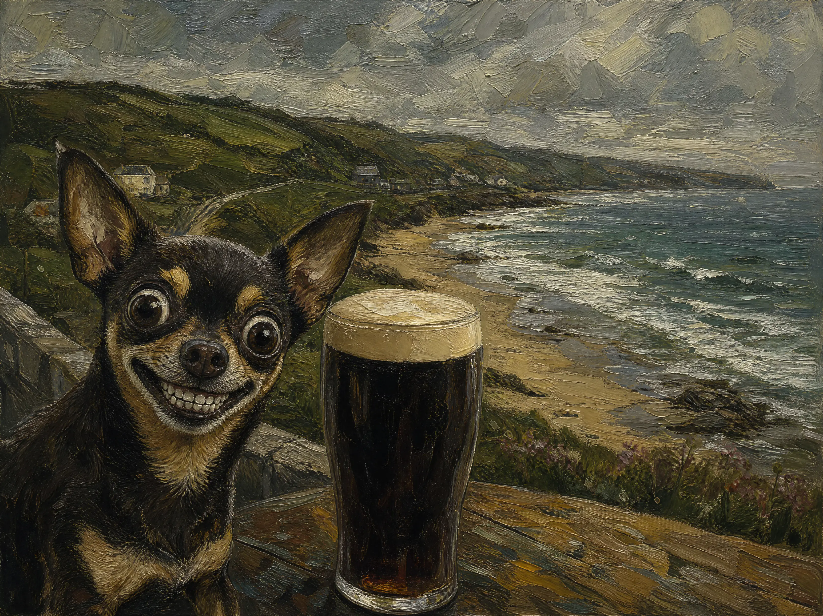 Expressionistischer Hund mit Bier am Meer
