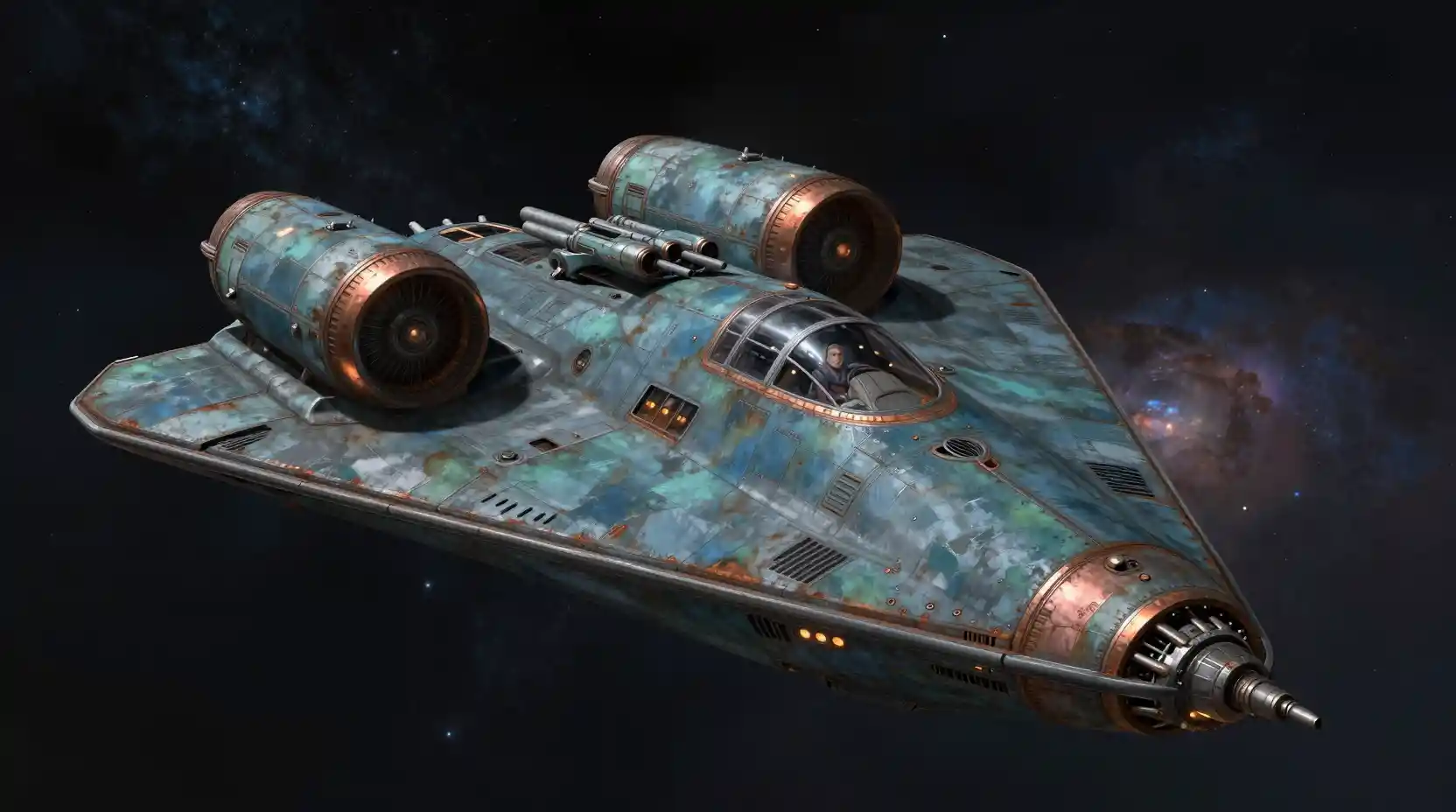 Weathered retro spaceship in deep starry outer space