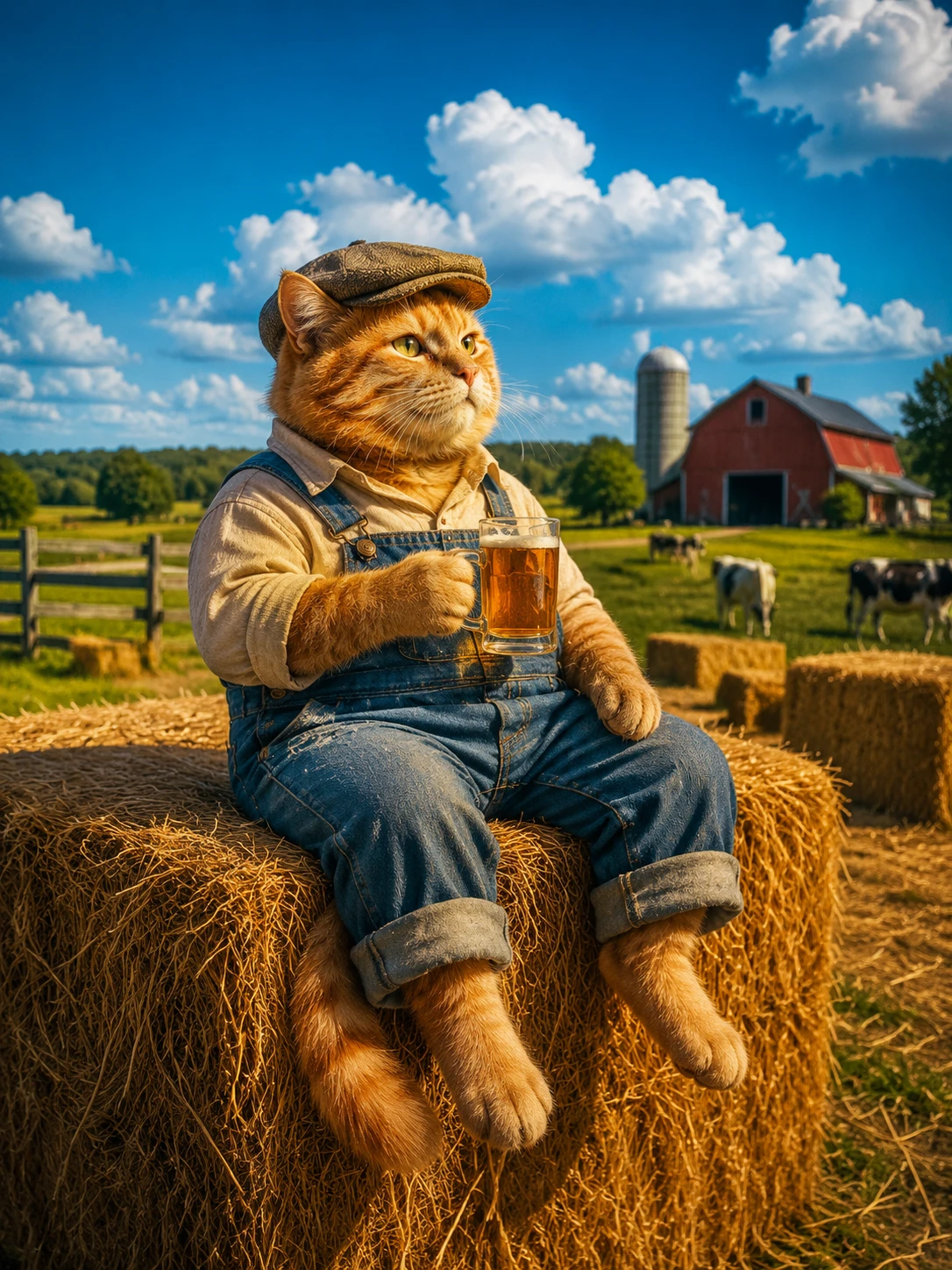 Adorable gato granjero en un pajar disfrutando una cerveza al atardecer
