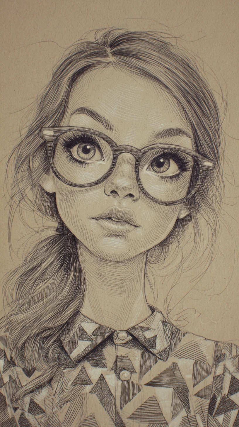 Retrato estilizado en grafito de una chica pecosa con gafas redondas