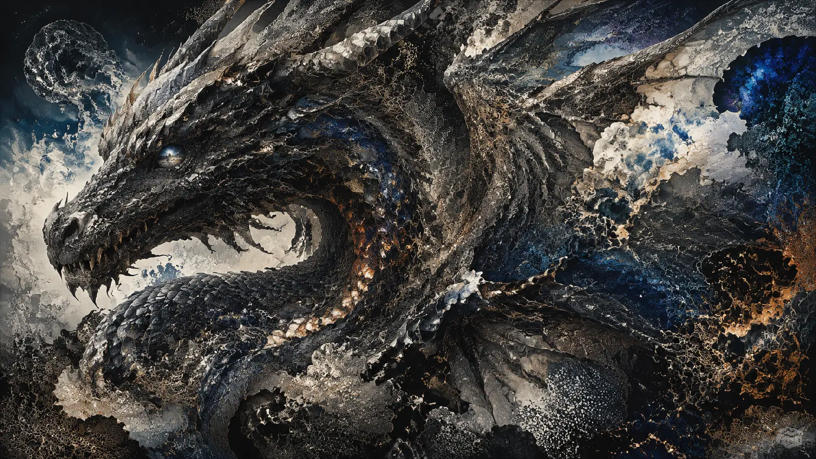 Dragão serpentino de dados em retrato surreal de fantasia sombria