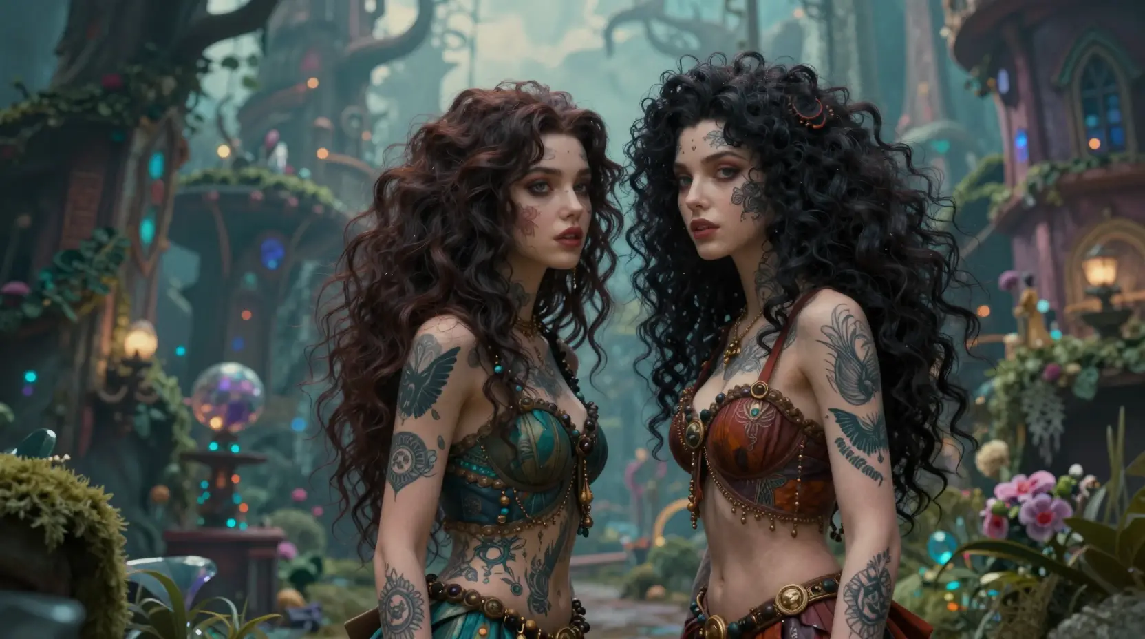 Irmãs tatuadas surreais explorando uma cidade de fantasia sombria