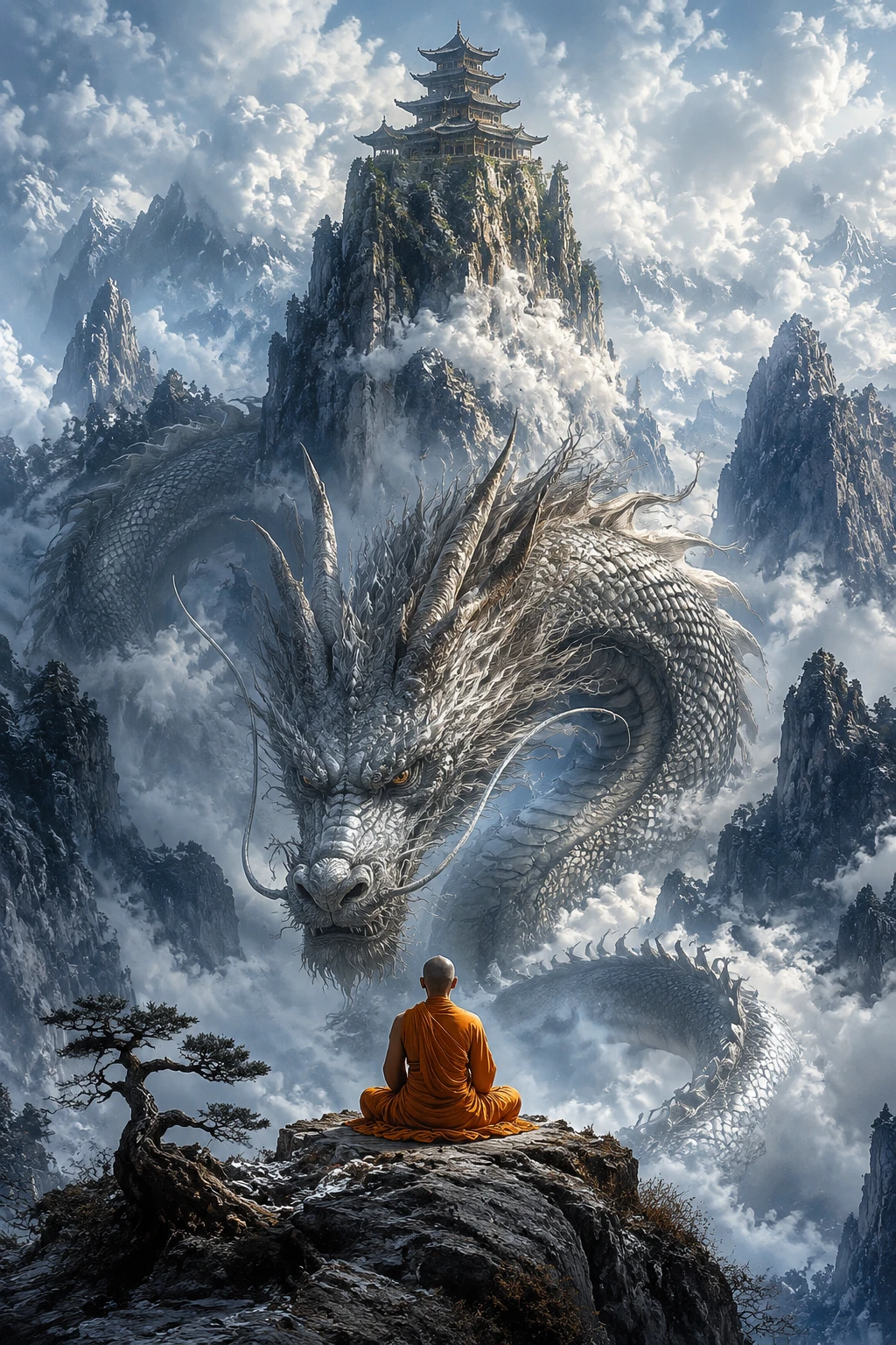 Monje Meditando Frente a un Dragón en Paisaje Montañoso Nebuloso