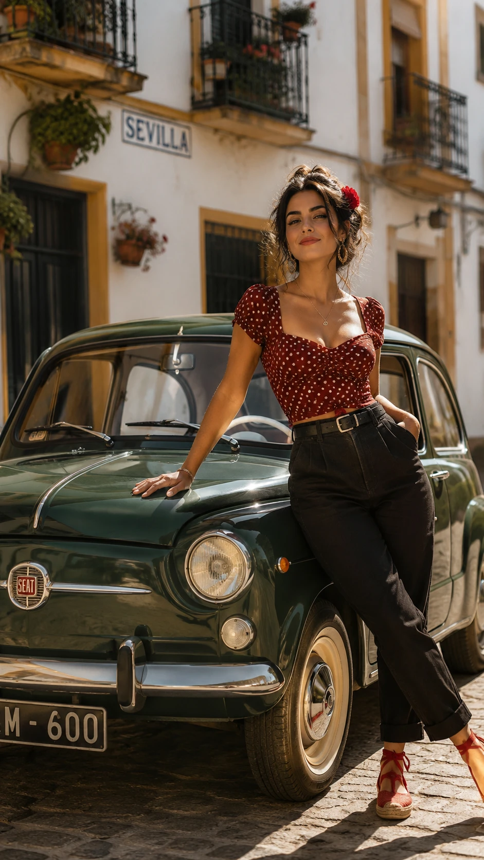 Confident Spanish woman leaning against classic dark green car
