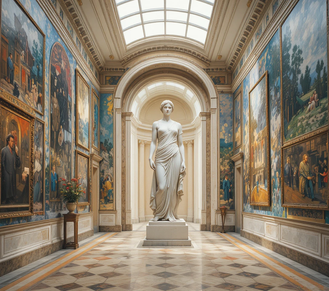 Marmorne Göttinnenstatue in einer sanft beleuchteten privaten Kunstgalerie