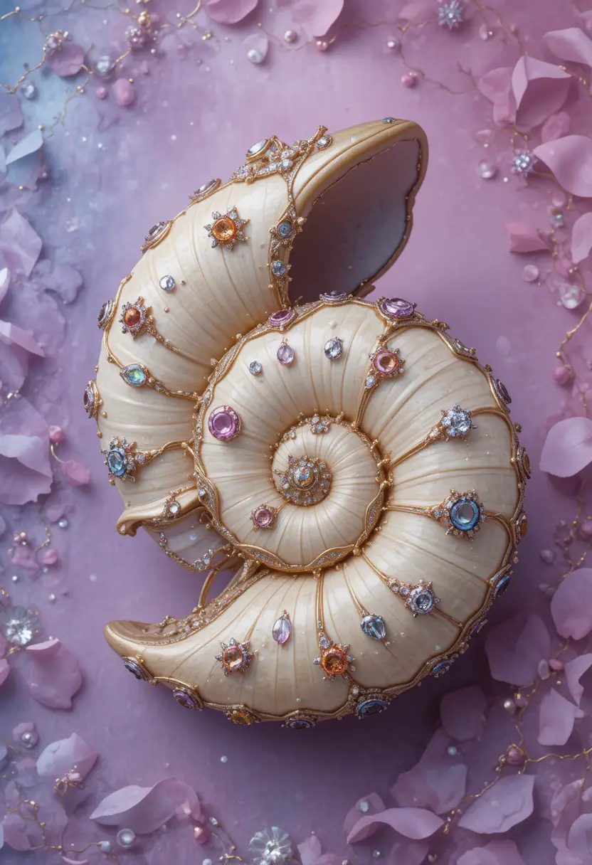 Concha decorativa em tom creme adornada com diamantes e gemas
