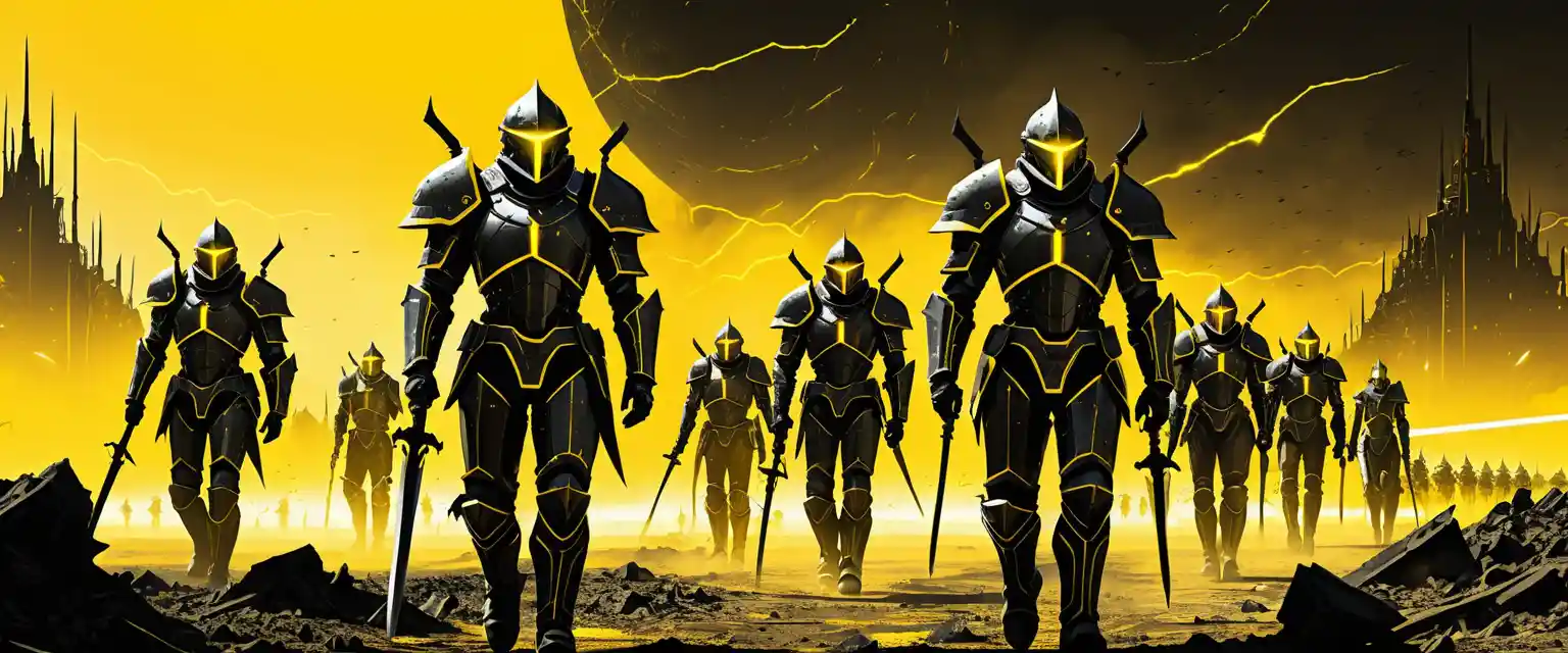 Exército mecanizado futurista marchando por um ermo arruinado