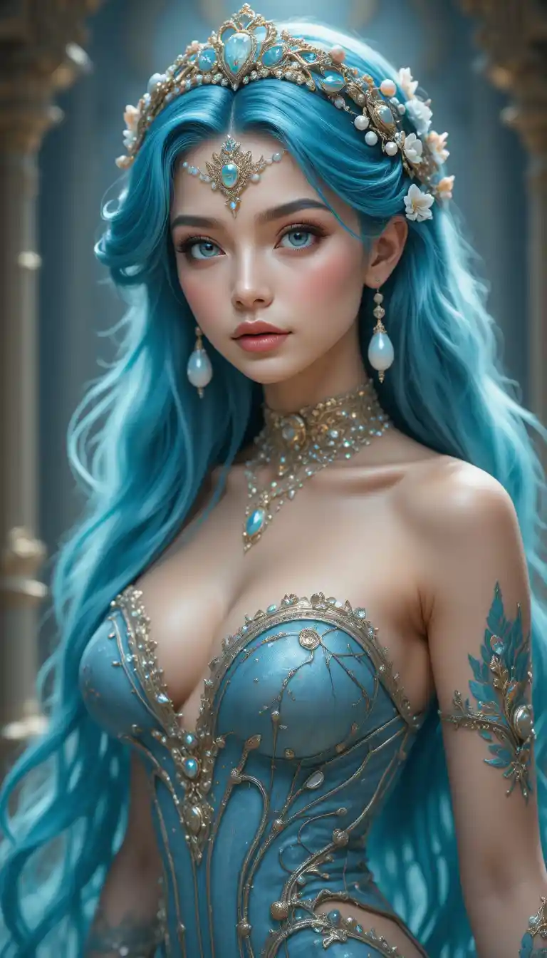 Elegante princesa sereia de cabelo turquesa em estilo anime