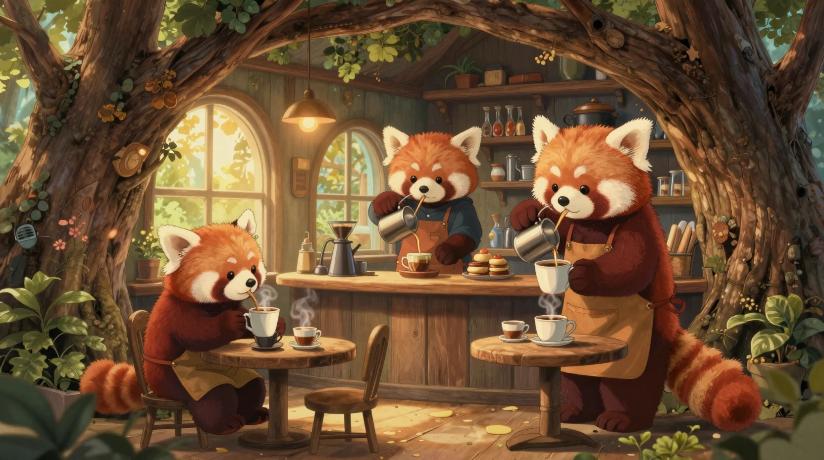 Gemütliches Rotpanda-Café in einer hohlen Eiche