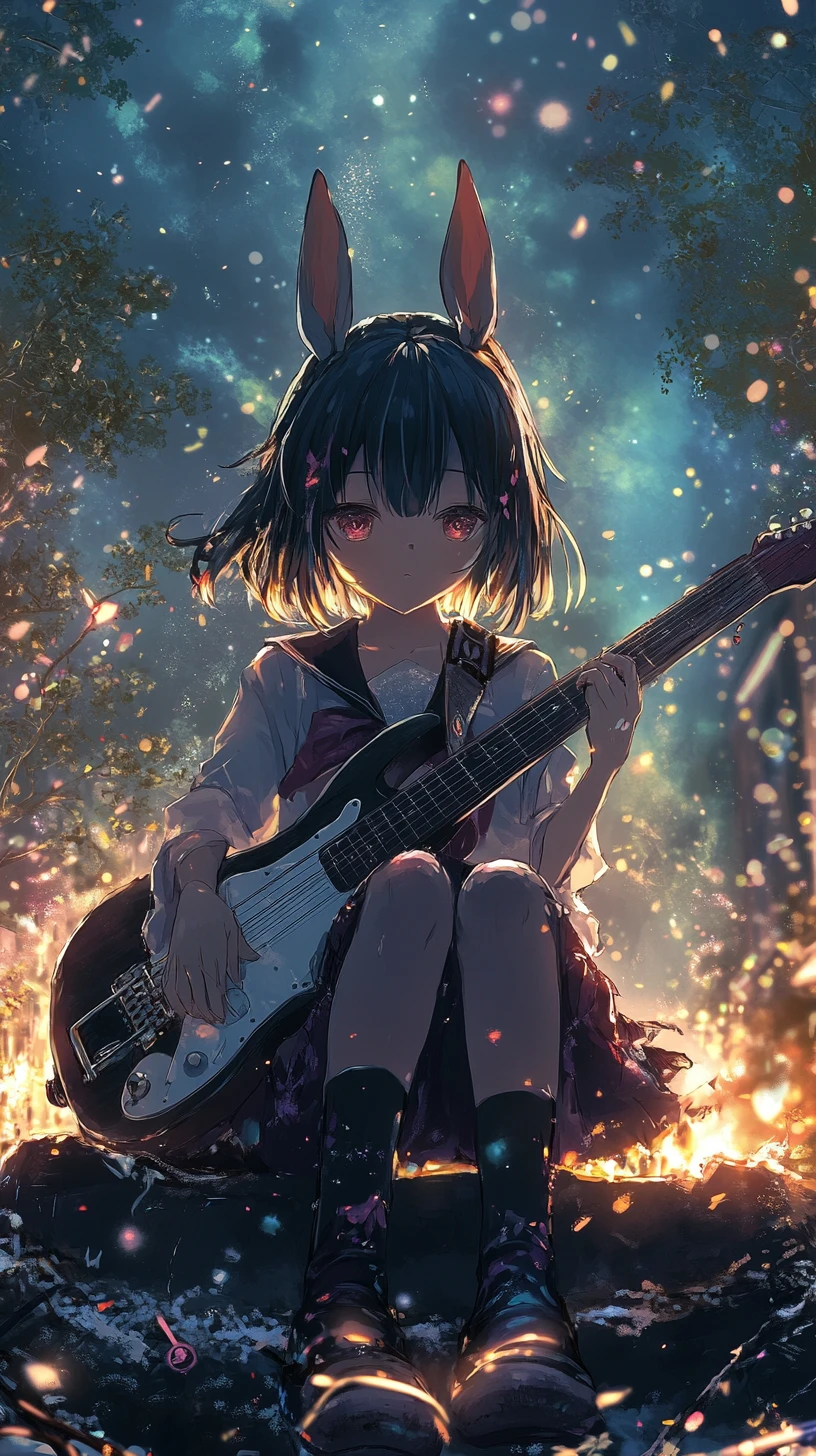 Ragazza anime che suona la chitarra accanto a un falò sulla spiaggia