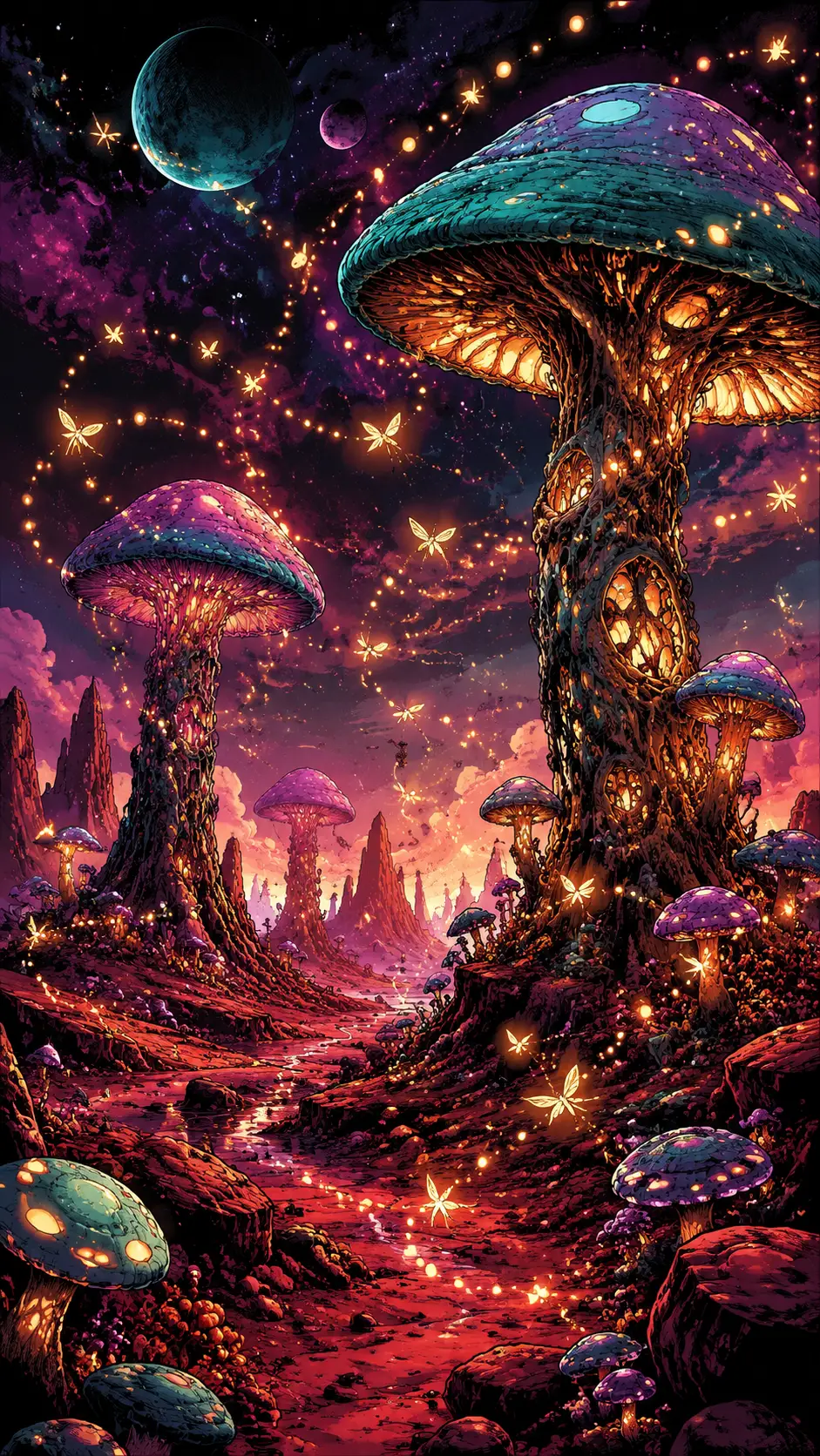 Leuchtende Alien-Pilze auf surrealer roter Felsenlandschaft