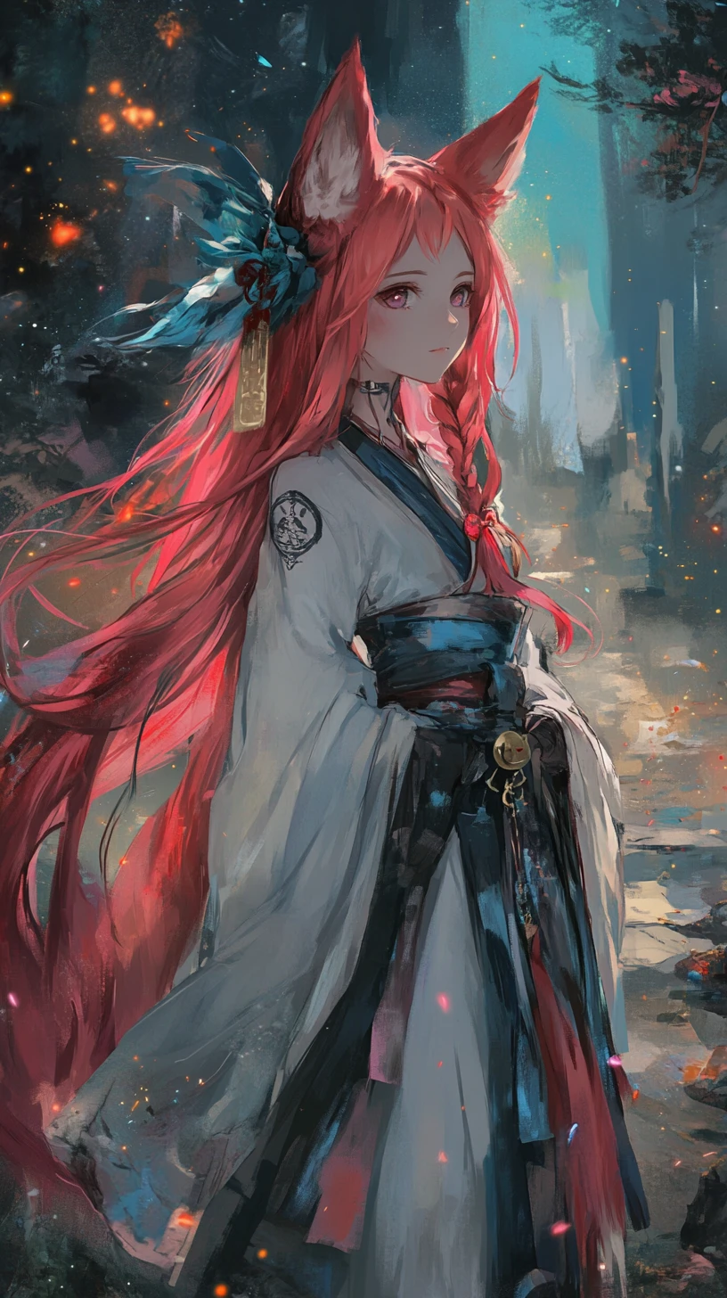 Chica de anime con cabello largo rosa y atuendo detallado