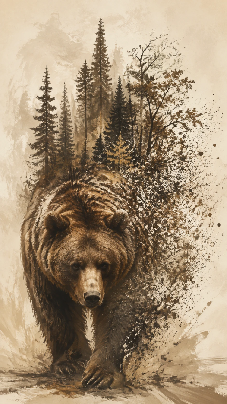 Oso pardo surreal que emerge en un campo marfil vacío