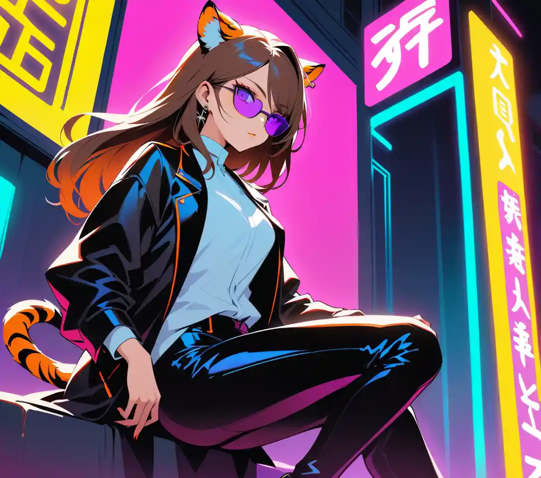 Mysterious woman with tiger ears, tail and violet eyes
